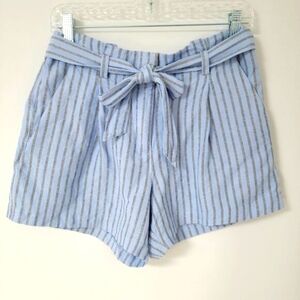 Loft High Waist Belted Paperbag Shorts Linen Blend Blue Stripe